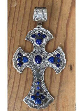J Nelson Navajo Sterling Cross Bezel Set Lapis Large Handmade Cross Signed